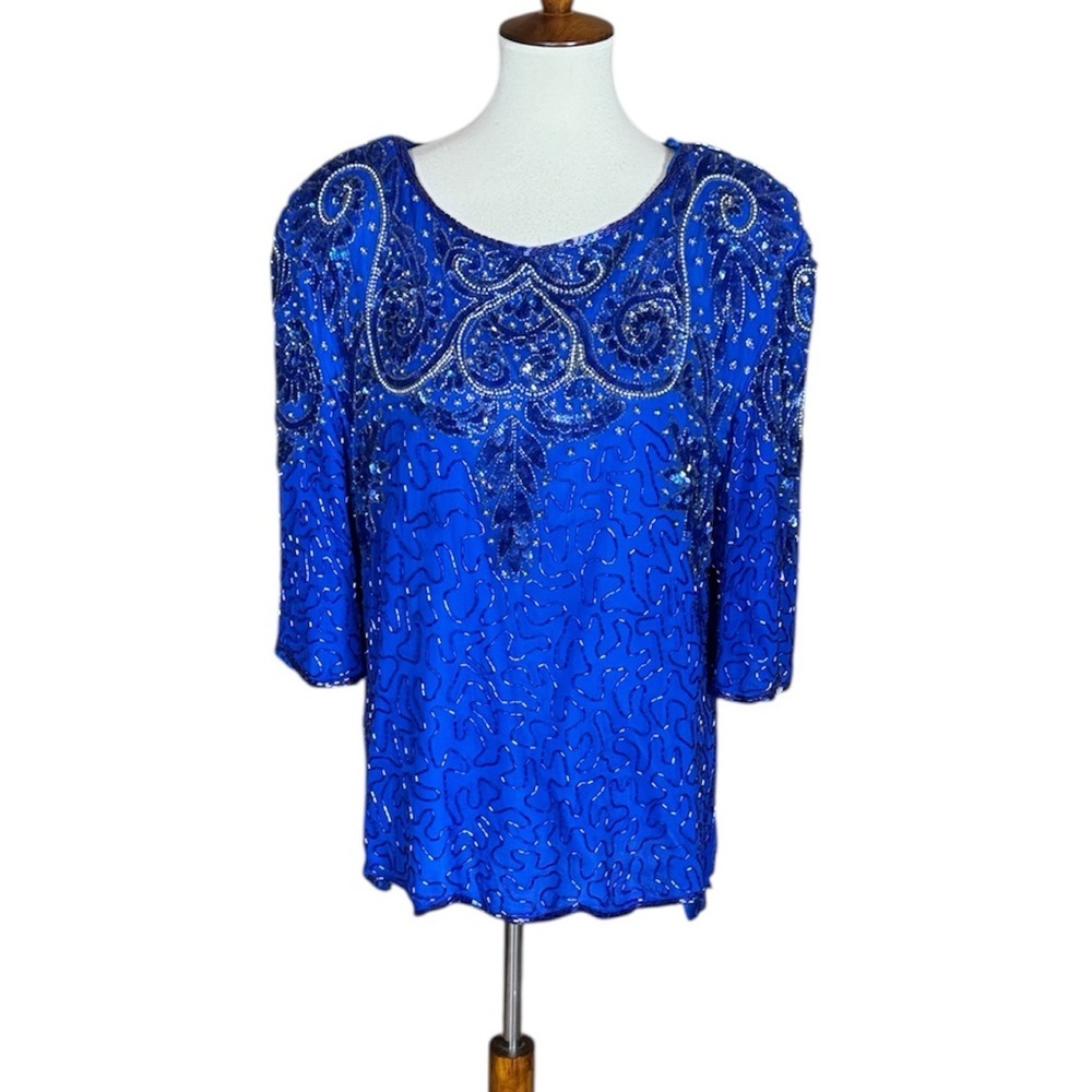 Vintage Anujan royal blue beaded silk blouse Size 1X Made in India
